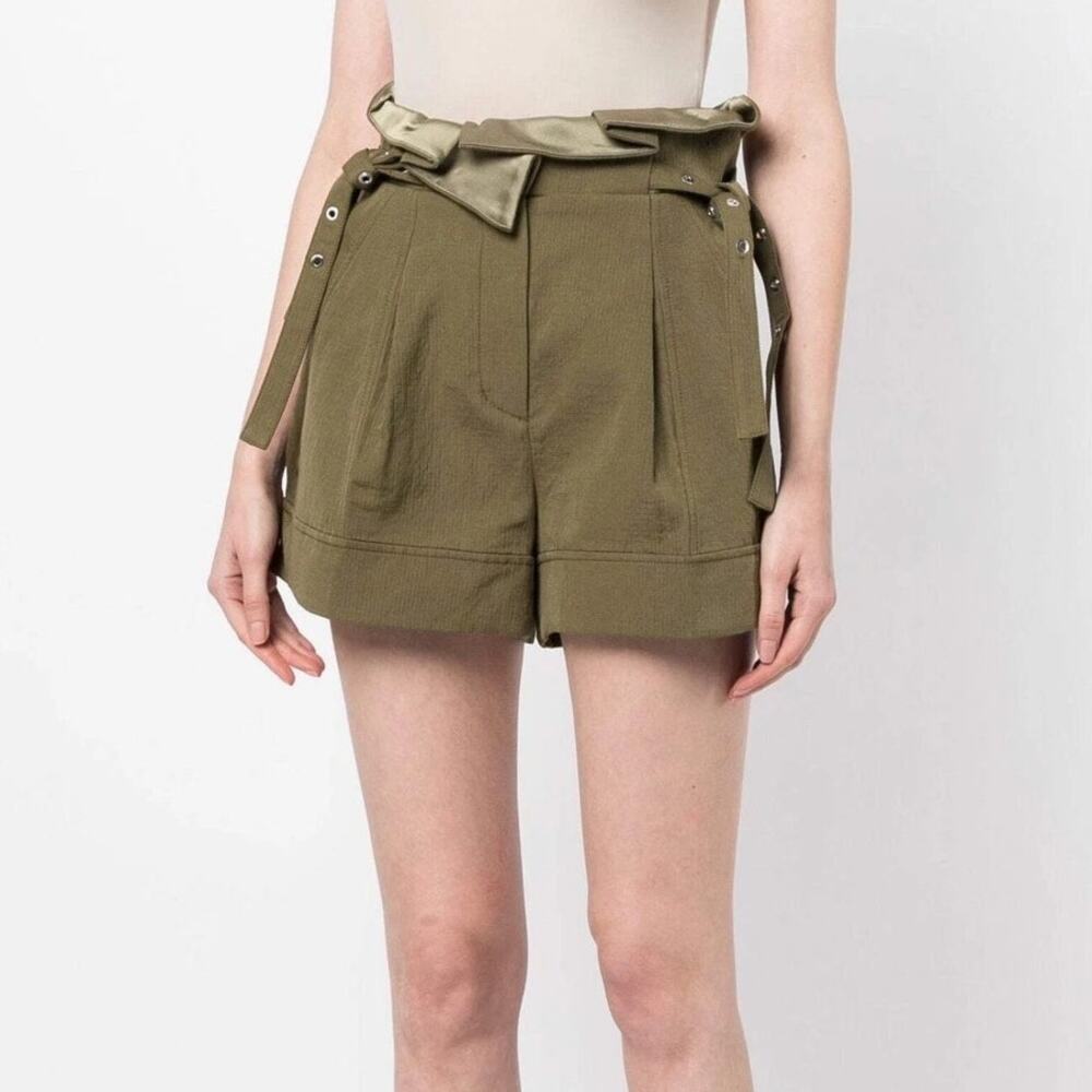 3.1 Phillip Lim Olive Green High Waist Cotton Linen Pleated Paperbag Shorts